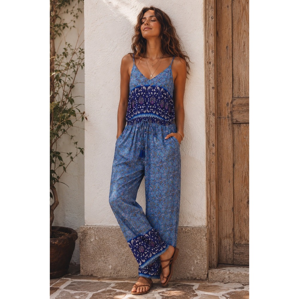 Jaase Floral Paisley Wide Leg Jumpsuit Womens XL Blue Rayon Boho Festival Beachy
